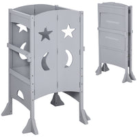 Qaba Folding Toddler Kitchen Helper Step Stool with Handles, Safety Rail and Non-Slip Strips - Grey-An ideal tool to help children acquire a certain height 
