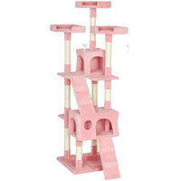 PawHut 68"es Cat Tree, Multi-Level Large Cat Tower Condo - Pink-Multi-level tall cat tree with 3 x top perches, 2 x spacious condos, 2 x ladders, 3 x dangling toys for cat to play