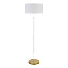 Hudson&Canal - Lampadaire Simone 2 lumières avec abat-jour en tissu - Blanc mat/laiton/blanc-Design industriel pour votre salon, votre bureau, votre chambre ou votre coin lecture