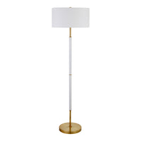 Hudson&Canal - Lampadaire Simone 2 lumières avec abat-jour en tissu - Blanc mat/laiton/blanc-Design industriel pour votre salon, votre bureau, votre chambre ou votre coin lecture