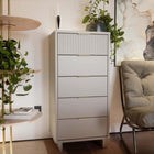 Manhattan Comfort Granville 23.62" Modern Tall Narrow Dresser - Light Grey-Includes 5 Full Extension Drawers with Top Drawer Designed in Vertical Textured Ribbed Lines Made from Solid Wood. Top Drawer includes option for 6 small compartments for designed to better organize.