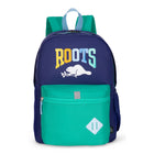 Roots Recycled Backpack - 22.5L  - Colour Block Logo - Navy Green-Optimized Organization: Designed with two zippered compartments and a side mesh pocket to keep school essentials neatly arranged and easy to access