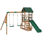 Qaba Wood Playset with Slide, 2 Swings, Rock Wall and Covered Upper Deck-Combines two swings, long slide, climbing zone for endless backyard play