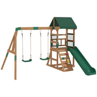 Qaba - Ensemble de jeu en bois avec toboggan, 2 balançoires, mur d'escalade et terrasse supérieure couverte-Combine deux balançoires, un long toboggan et une zone d’escalade pour des heures de jeu dans le jardin