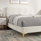 Modway Leah - Lit plateforme complet en velours haute performance à motif chevrons avec pieds en métal doré et embouts - Blanc-Système de soutien en lattes de bois