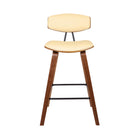 Armen Living Fox 25.5" Counter Height Mid-Century Modern Bar Stool in Cream Faux Leather & Walnut Wood-19" L x 16" W x 36" H