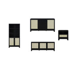Manhattan Comfort - Ensemble de 4 : Meuble TV, bibliothèque, buffet et table d’appoint Sheridan style Mid-Century Modern - Noir-Ensemble de 4 - Salon moderne en rotin. Comprend une bibliothèque, un buffet, un meuble TV et une table d’appoint