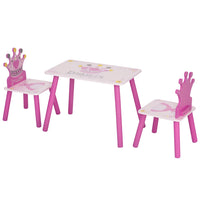 Qaba - Ensemble table et chaises en bois pour enfants (3 pièces) - Motif couronne - Rose-Idéal pour la chambre de votre enfant, la salle de jeux ou le salon 