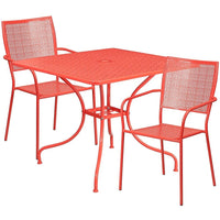 Table de jardin carrée en acier de 35,5 po et 2 chaises au dossier carré, intérieur/extérieur, corail [CO-35SQ-02CHR2-RED-GG]-Ensemble comprenant 1 table et 2 chaises