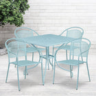 Table de jardin carrée de 35,5 po en acier bleu ciel et 4 chaises au dossier rond, intérieur/extérieur [CO-35SQ-03CHR4-SKY-GG]-Revêtement thermolaqué bleu ciel