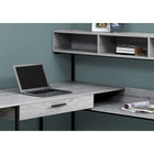 Monarch Specialties 7160 Computer Desk - Grey/Black Metal Corner-Desktop is divided into 2 segments with a large panel that overlaps the storage unit with hutch to create a smaller, lower worksurface and an additional storage cubby