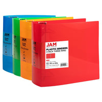 JAM Paper - Classeurs en plastique de 4 pouces - assortiment de 3 anneaux (rouge - bleu - vert et orange) - paquet de 4-Couleur : rouge, vert, bleu et orange | Soyez élégant et organisé avec des classeurs colourés.