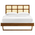 Modway Sidney Cane and Wood Queen Platform Bed with Angular Legs - Walnut-Woven Cane Rattan Headboard