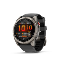 Garmin fēnix 8 Pro Multisport GPS Smartwatch - 51 mm - Titanium with Graphite/Black Silicone Band-RUGGED BY DESIGN - Built to endure, this premium design is dive-rated and features leakproof buttons, a metal sensor guard cover and a bright 1.4" AMOLED display with a scratchresistant lens and titanium bezel — so it can go places your phone can’t. It’s tested to U.S. military standards for thermal, shock and water resistance.