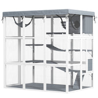 PawHut 71" Catio Outdoor Cat Enclosure with Weatherproof Tarp - Grey-Spacious area includes hammock, condo, ladders, and play platforms 