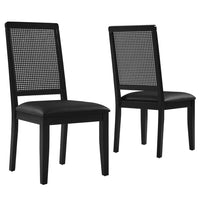Modway Arlo Vegan Leather Upholstered Faux Rattan and Wood Dining Side Chairs - Black - 2 Pack-Set of 2 Dining Chairs