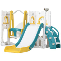 Qaba - Ensemble toboggan et balançoire 6-en-1 avec panier de basket, grimpeur - jaune-Conception 6-en-1 comprenant toboggan, balançoire, grimpeur, rangement, télescope, panier de basket