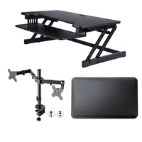 Rocelco Deluxe Adjustable Height Desk Riser Wellness Bundle with Mat and Dual Monitor Mount-Quick, Easy and Stable Height Adjustment Design: Sturdy metal frame with easy-grip side handle and gas piston assist, can raise and lower up to 35 pounds with continuous height adjustment from 5" up to 17" above desktop to optimize the ergonomic work position for people of most heights