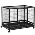 PawHut 43" Heavy Duty Dog Crate with Lockable Wheels and Tray - Black-Made of sturdy metal, suitable for everyday use 