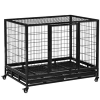 PawHut 43" Heavy Duty Dog Crate with Lockable Wheels and Tray - Black-Made of sturdy metal, suitable for everyday use 