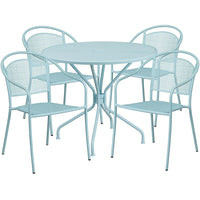 35.25'' Round Sky Blue Indoor-Outdoor Steel Patio Table Set with 4 Round Back Chairs [CO-35RD-03CHR4-SKY-GG]-Set Includes Table and 4 Chairs
