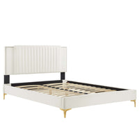 Modway - Zahra Lit plateforme Queen en velours haute performance avec capitonnage vertical et pieds en métal doré - Blanc-Lit plateforme Queen