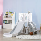 Qaba Indoor Kids 4-in-1 Toddler Slide Basketball Hoop, Climber, Telescope and Storage Basket - Grey-Slide features acceleration, deceleration and buffer zones for safe sliding 