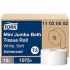 Tork - Advanced Soft Mini Jumbo Mouchoir en papier 2 plis - Paquet de 12-Avantages en un coup d’œil : Rouleaux de grande capacité, Conception simple, Faible encombrement, Tissu perforé, Pas d’emballage, Le papier de bain se brise rapidement, Poignée facile à transporter