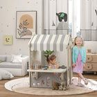 Qaba Kids Indoor Sleek Cotttage Playhouse-Two arched doors with curtains and brick details for realistic play 