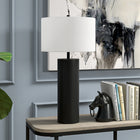Hudson&Canal York 29.5" Tall Table Lamp with Fabric Shade - Blackened Bronze/White-Handcrafted blackened bronze finish is applied to the candlestick metal base