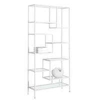 Monarch Specialties 7159 72"H Bookcase - White Metal With Tempered Glass-Give your home a bold, modern look with this unique 72" high white metal and thick tempered glass bookcase. This chic, backless unit features 9 asymmetrical shelves in various sizes, perfect for displaying your favourite books, frames or other decorative items. This stylish unit will be a great addition to your home office, living room, bedroom or even hallway to keep you organized in style.