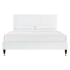 Modway - Roxanne Lit plateforme Queen en velours haute performance avec pieds en bois et manchons en métal doré - Blanc-Revêtement en velours de performance