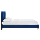 Modway - Sofia Lit plateforme Queen en velours haute performance avec capitonnage vertical et pieds en bois et Manchons en métal doré - Marine-Poutre centrale renforcée