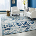 Modway Reflect Giada Abstract Diamond Moroccan Trellis Indoor/Outdoor Area Rug - 8 ft W x 10 ft L - Ivory/Blue-Tight Low Pile Weave