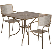 35.5'' Square Gold Indoor-Outdoor Steel Patio Table Set with 2 Square Back Chairs [CO-35SQ-02CHR2-GD-GG]-Set Includes Table and 2 Chairs