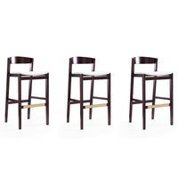 Manhattan Comfort Klismos 20" Mid-Century Modern Faux Leather Upholstered Bar Stool - Ivory and Dark Walnut - 3 Pack-Mid-Century Modern Barstool with Backseat Perfect for Bar and Kitchen Use. Set of 3