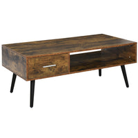 HOMCOM Coffee Table with Storage and Drawer - Rustic Brown-Industrial style decor with rustic wood coffee table and black rubberwood legs