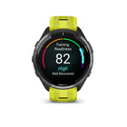Garmin - Forerunner 965, lunette en titane DLC gris carbone avec boîtier noir et bracelet en silicone jaune/noir-ecran tactile AMOLED brillant avec commandes à boutons traditionnelles et lunette en titane leger