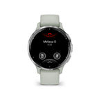 Garmin - Venu 3S - 41mm Lunette Silver en acier inoxydable avec boîtier vert sauge et bracelet en silicone vert sauge-Connaissez mieux votre corps grâce à des fonctionnalités étendues de surveillance de la santé, notamment la fréquence cardiaque au poignet, le rapport du matin, l'âge de forme physique, le suivi du stress, le suivi du cycle menstruel et de la grossesse, la méditation et bien plus encore