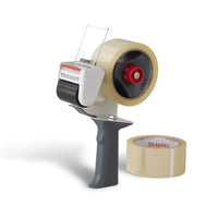 Staples Carton Tape Dispenser with 2 Rolls of Packaging Tape-Easy-cut edge ensures precise cutting of tape for efficient sealing of packages and boxes