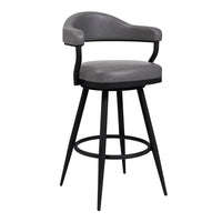Armen Living Justin 30" Bar Height Swivel Bar Stool in Vintage Grey Faux Leather with Black Metal Legs-It can be tough crafting the perfect seating option for our customers, we are always thinking of the most unique ideas for the best user experience. Providing these features is one way we can do this and help exceed your expectations. The wonderful full 360-degree swivel function allows for maximum mobility. The smooth glide swivel function allows you to change directions with ease, making this your new fa