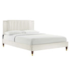 Modway Zahra Channel Tufted Performance Velvet Queen Platform Bed with Wood Legs and Gold Metal Sleeves - White-Stain-Resistant Performance Velvet
