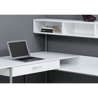 Monarch Specialties 7162 Computer Desk - White/Silver Metal Corner-Desktop is divided into 2 segments with a large panel that overlaps the storage unit with hutch to create a smaller, lower worksurface and an additional storage cubby