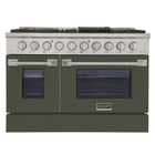 Kucht 48" KNG Series Pro Style Natural Gas Range - Stainless Steel/Olive Green-Cook and bake like a pro with two separate ovens featuring large oven windows. The main oven is a heavy-duty blue porcelain oven with 4.2-cu-ft of capacity, while the additional side oven has 2.5-cu-ft of capacity