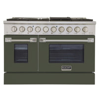 Kucht 48" KNG Series Pro Style Natural Gas Range - Stainless Steel/Olive Green-Cook and bake like a pro with two separate ovens featuring large oven windows. The main oven is a heavy-duty blue porcelain oven with 4.2-cu-ft of capacity, while the additional side oven has 2.5-cu-ft of capacity