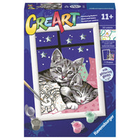 Ravensburger CreArt Sleepy Kitties Paint By Numbers-Includes 1 pre-printed, thick painting board; odourless water-based acrylic paints in resealable pots; 1 durable, fine-point paintbrush; 1 paint-holder palette; easy-to-follow guide sheet and a frame