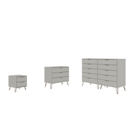 Manhattan Comfort Rockefeller Mid-Century Modern Bedroom Dresser 3-Piece Set - Off White-Mid-Century Modern Tall Double Wide Dresser, Standard Dresser and Nightstand Dresser for Bedroom Use. Set of 3.
