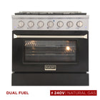 Kucht 36" KDF Series Pro Style Natural Gas Dual Fuel Range - Stainless Steel/Black-6-burner gas range includes one 20,000 BTU dual burner with simmer, one 15,000 BTU burner, one 12,000 BTU burner, two 9,000 BTU burners and one 6,000 BTU