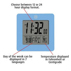 Marathon Digital Desktop Clock with Day, Date, Temperature, Alarm and Backlight - Blue (CL030050BL)-Multiple display modes; 12 or 24 Hour Display Formats with Indoor Temperature Display in Celsius or Fahrenheit
