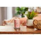 Yankee Candle Pink Sands Signature Medium Pillar Candle-Brushed-tin lid serves as a candle coaster